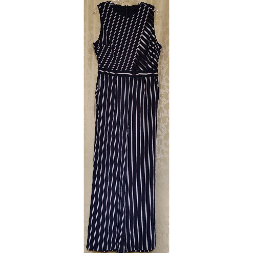 Tahari Navy Blue White Striped Wide Leg Sleeveless Jumpsuit with Pockets